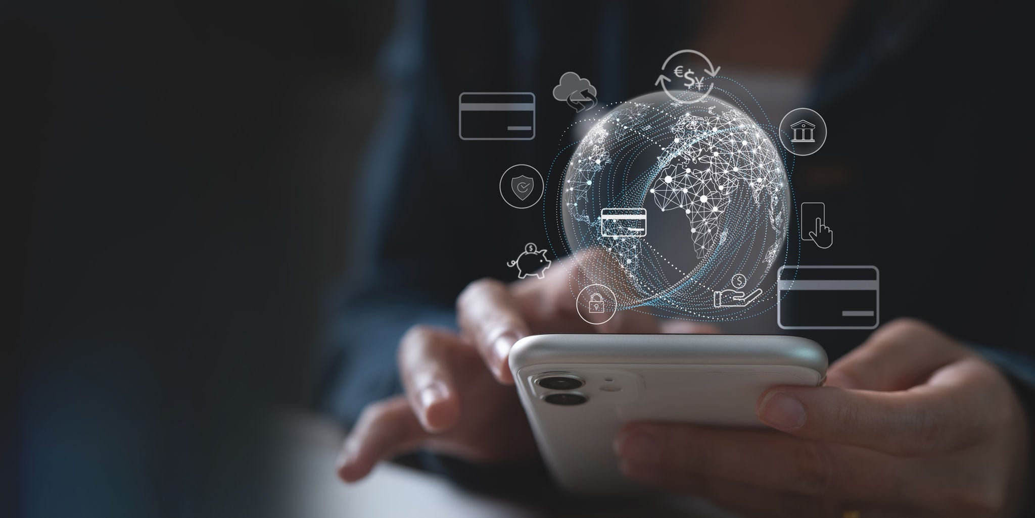 Holographic globe with icons symbolizing a modernized global payments network and seamless digital transactions.