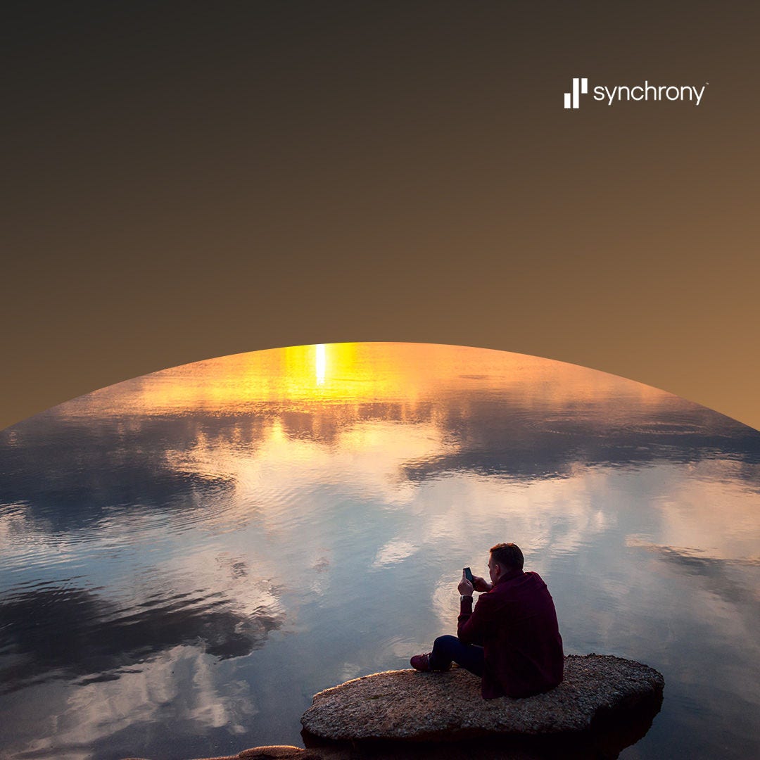 Man sitting on rock on shore of lake at sunset.