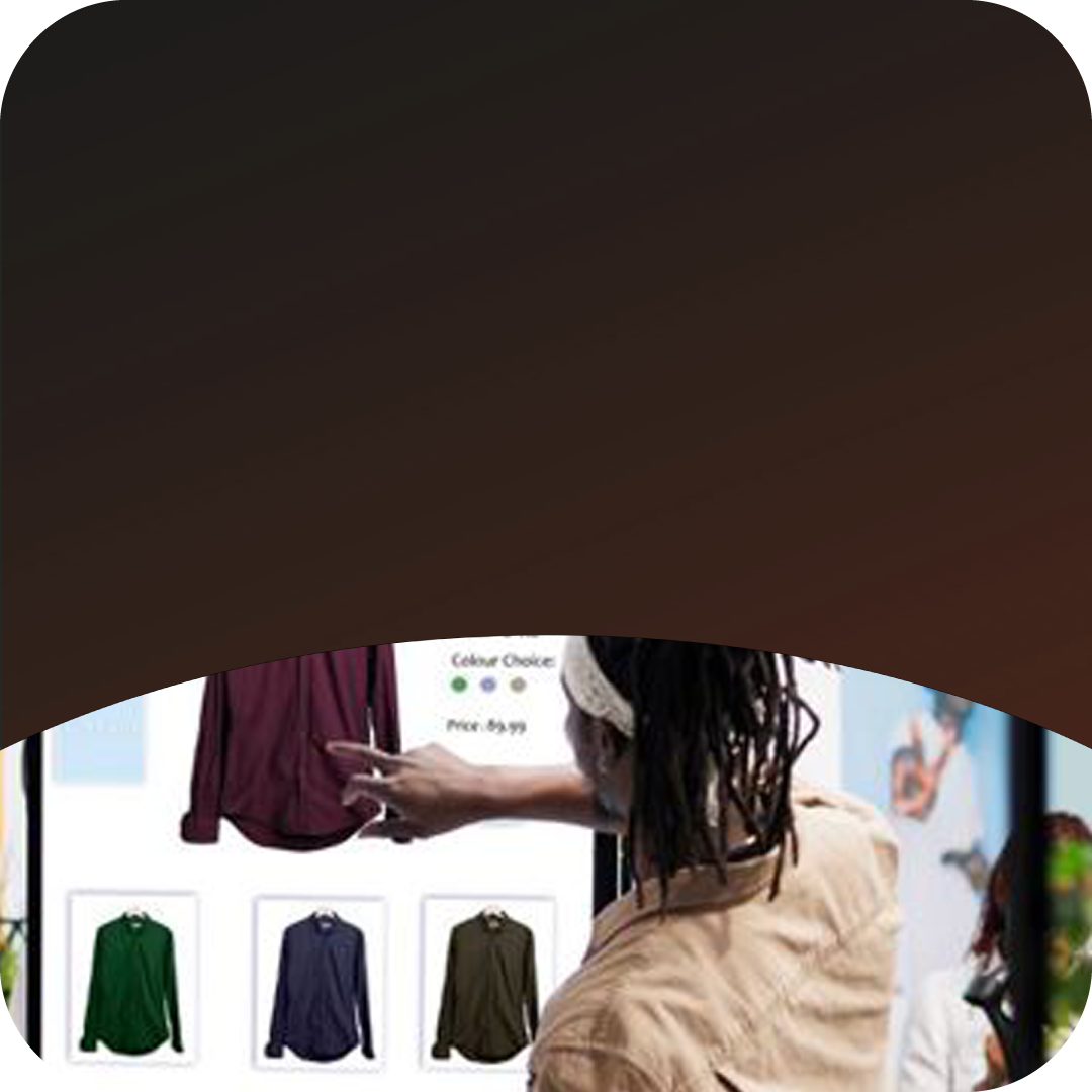 Person shopping for clothes on a kiosk shopping wall.