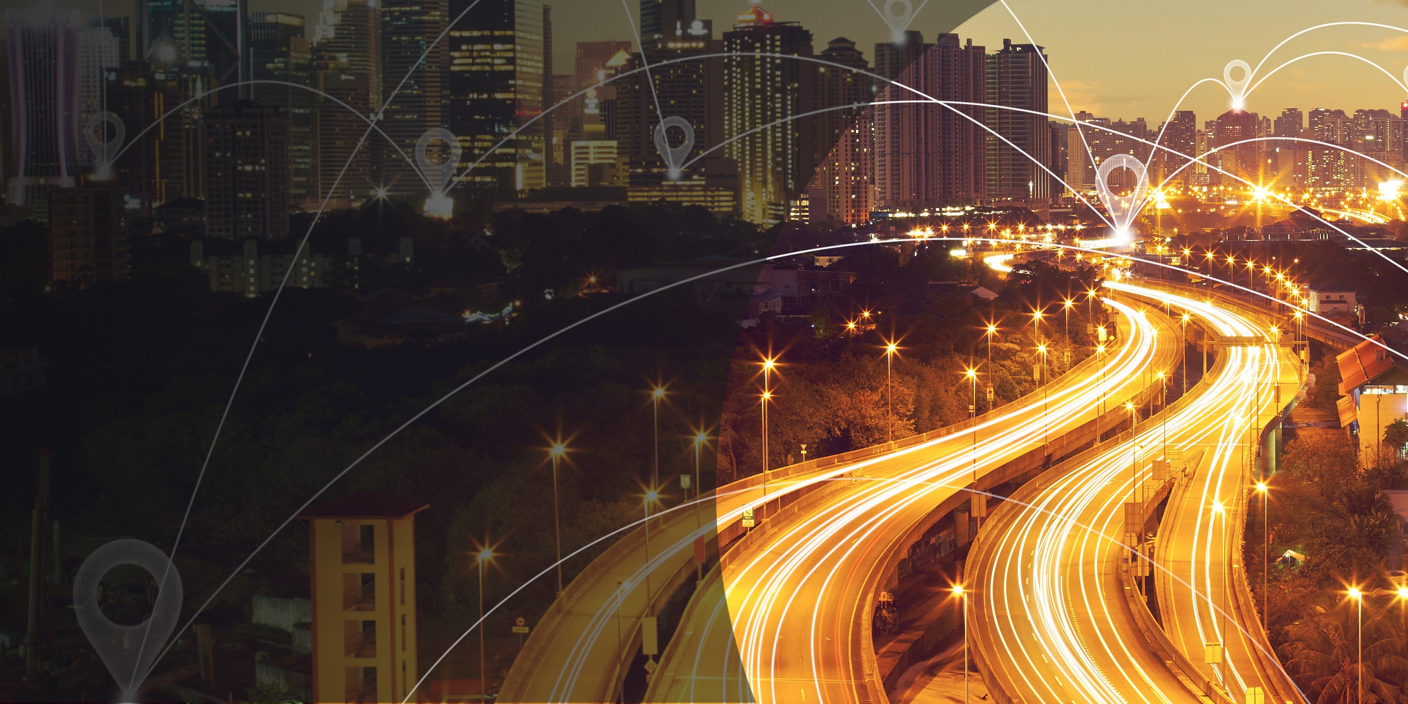 An aerial view of a modern smart city featuring eco-friendly architecture, smart transport systems, and digital connectivity.