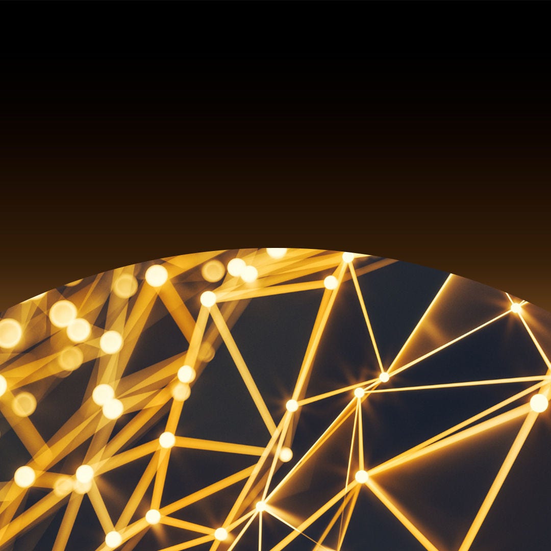 Digital illustration of a blockchain network with interconnected golden lines and nodes on a dark gradient background.