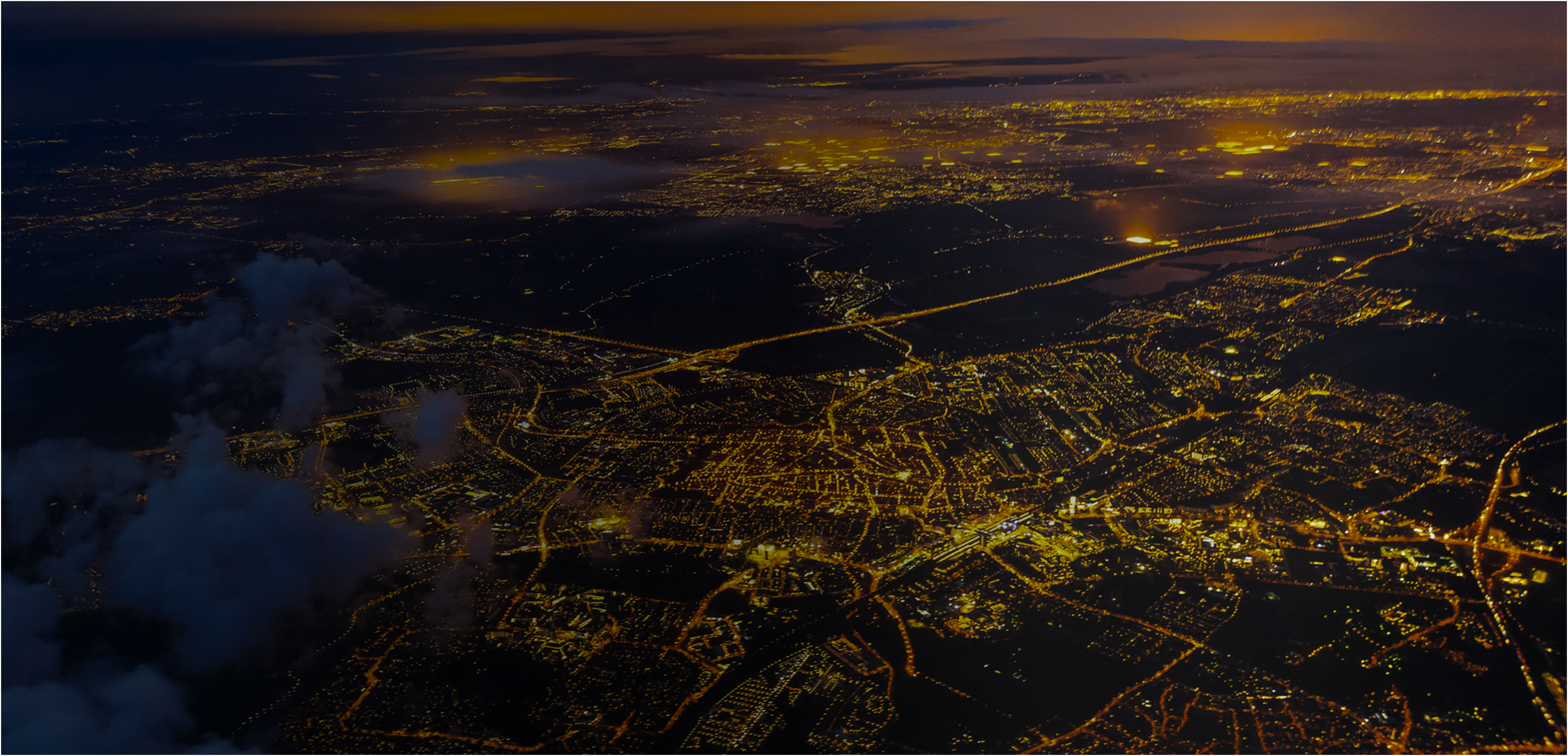 view from airplane of city scape