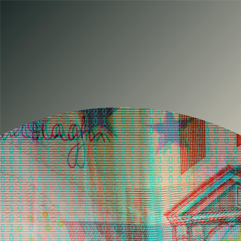 An abstract representation of blockchain technology showcasing flowing binary codes in a digital landscape.