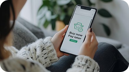 Image illustrating buy now pay later payment option for groceries using a smartphone at checkout.