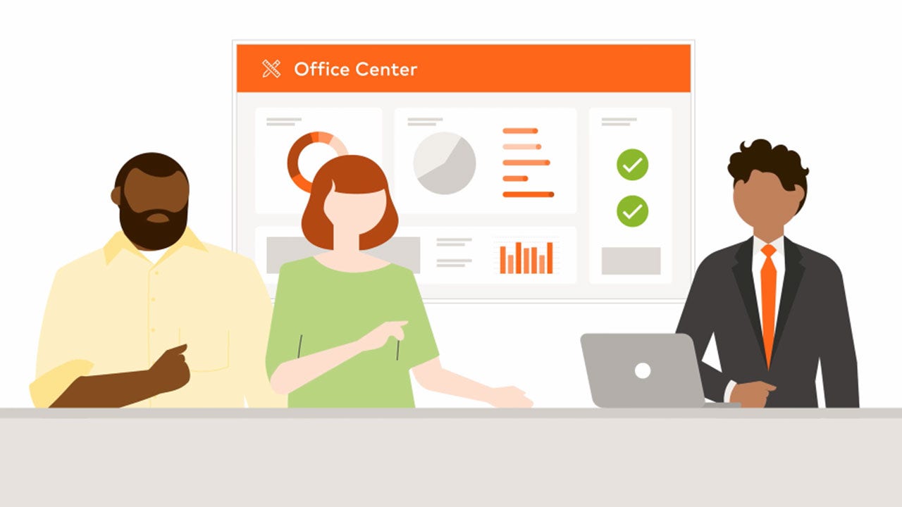 Office 365 interface showcasing the Office Center with various productivity tools and applications displayed.