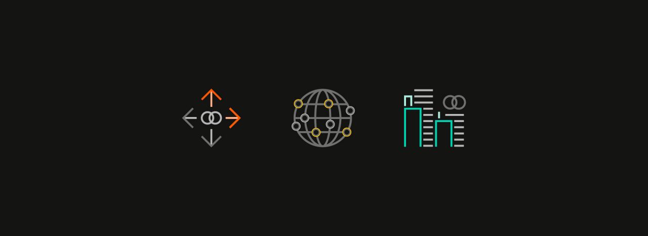 A series of three icons set against a black background, representing Mastercard connectivity and business growth.