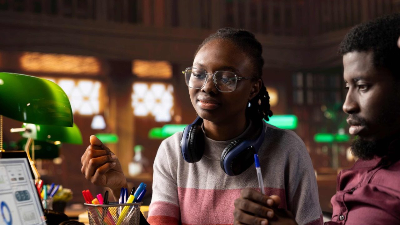 Two college students look at a laptop in a library. 